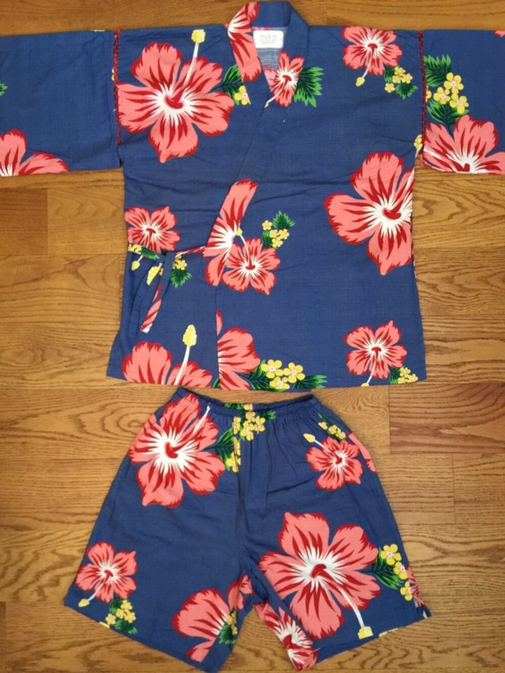 JAPANESE JACKET SHORTS WOMENS S/M BLUE PINK FLORAL JINBEI KIMONO 2PC SET 79-94CM